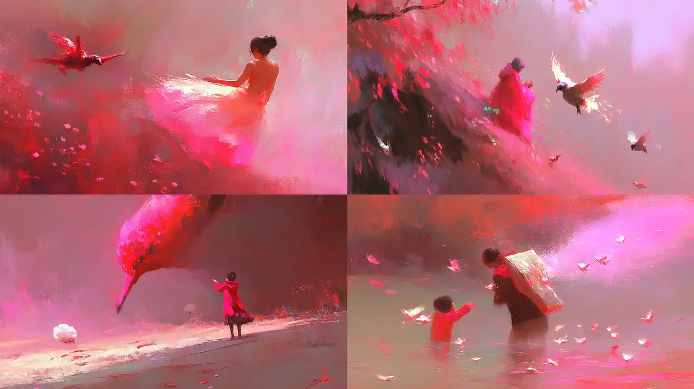 Crimson Dreamscape: A Vivid Brushwork Phantasmagoria - Midjourney sref style