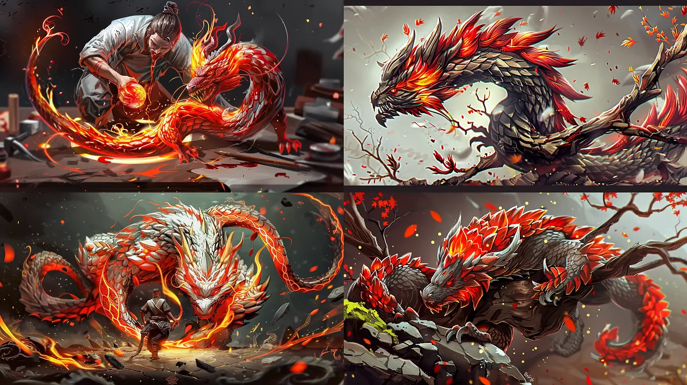 Fervent Scales of Fantasy: A Harmonious Dance of Fire and Fury - Midjourney sref style