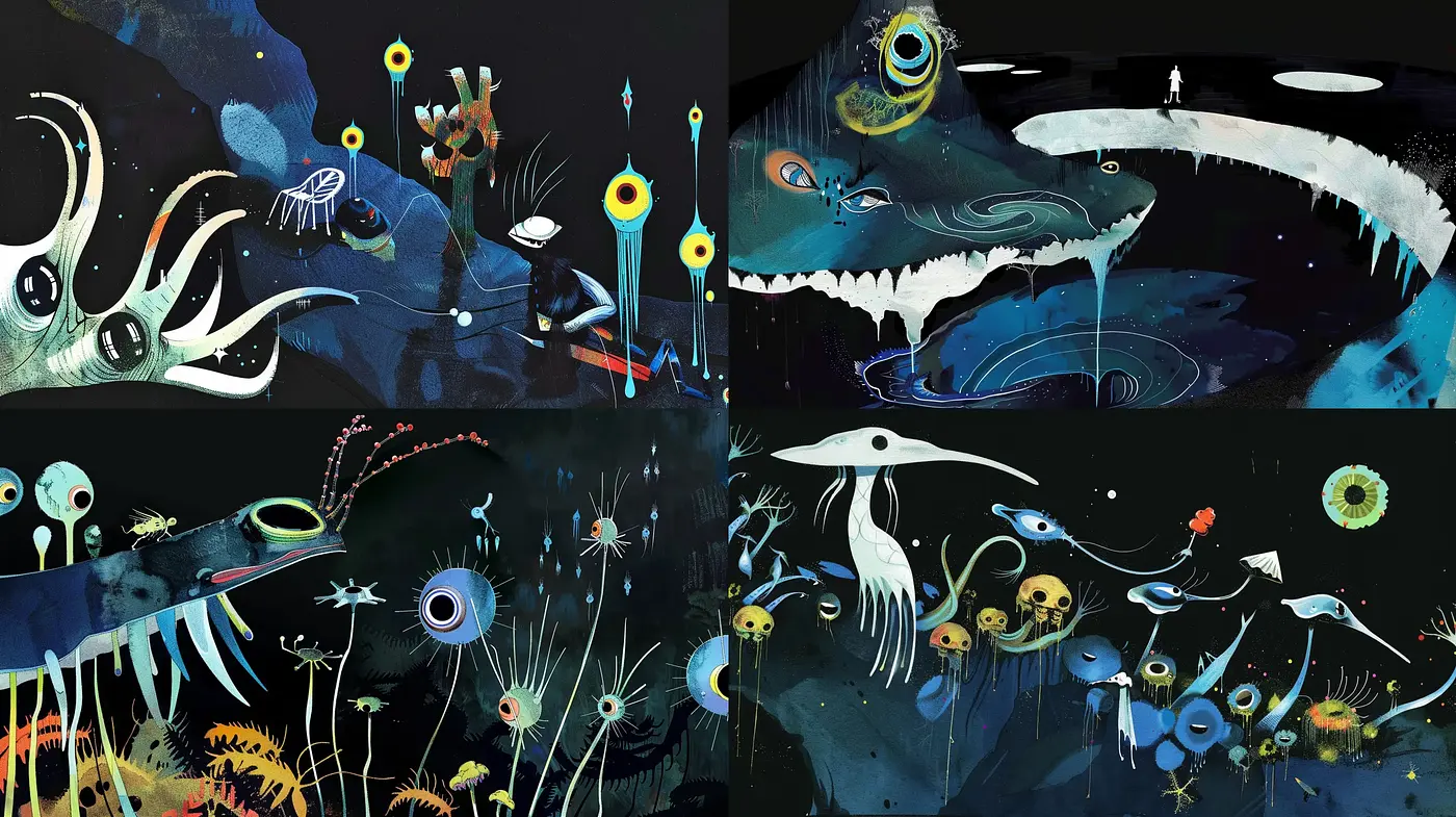 Surrealist Evolution of Aquatic Dreamscape - Midjourney sref style