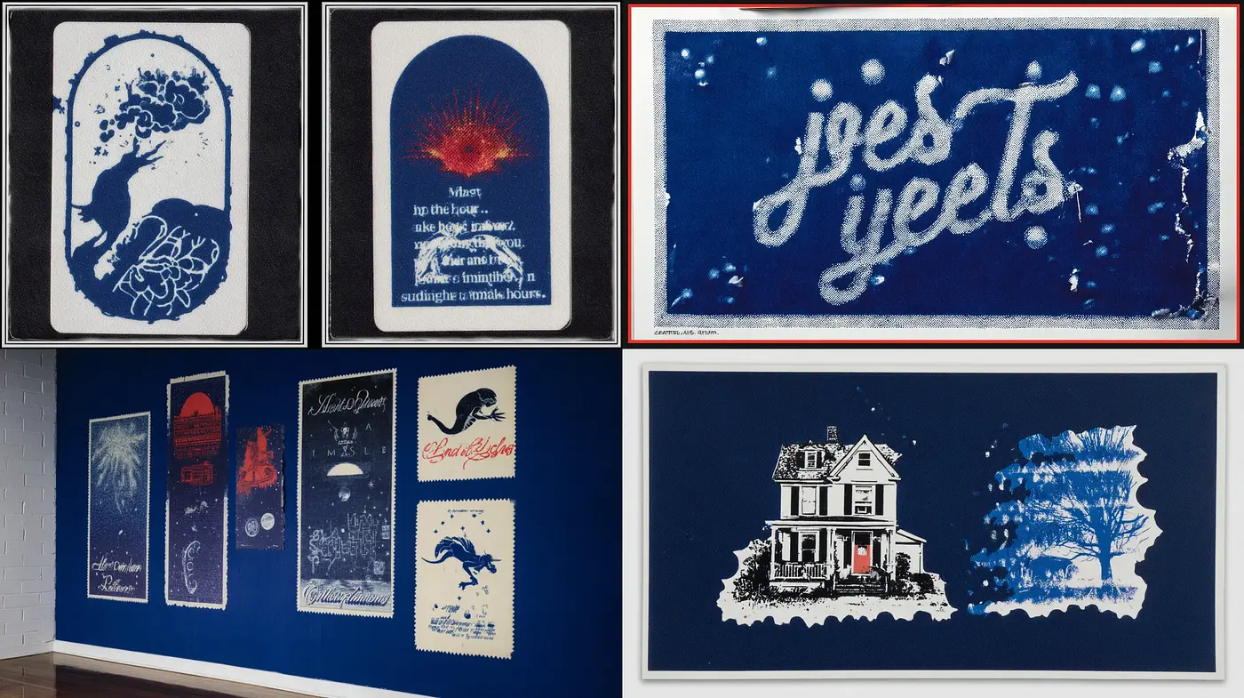 Cyanotype inspired artistic prints with various thematic interpretations - Midjourney sref style