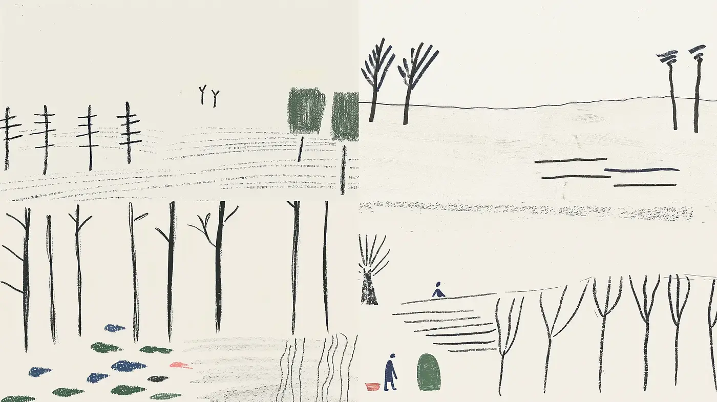 Whimsical Minimalist Landscape Sketches with Pastel Tones and Assorted Textures - Midjourney sref style