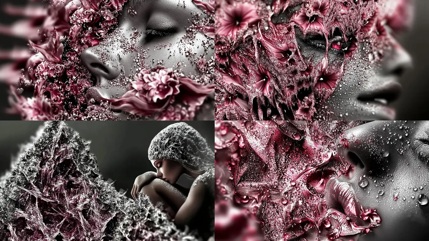 Ethereal Blossoms in Monochromatic Elegance with Surrealist Accents - Midjourney sref style