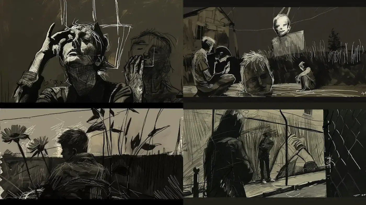 Dark, expressive sketches with an atmospheric depth - Midjourney sref style