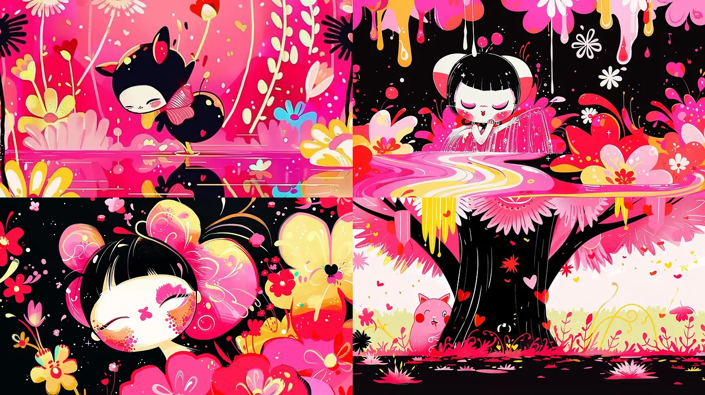 Vibrant Kawaii Dreamscape in Fluorescent Noir - Midjourney sref style