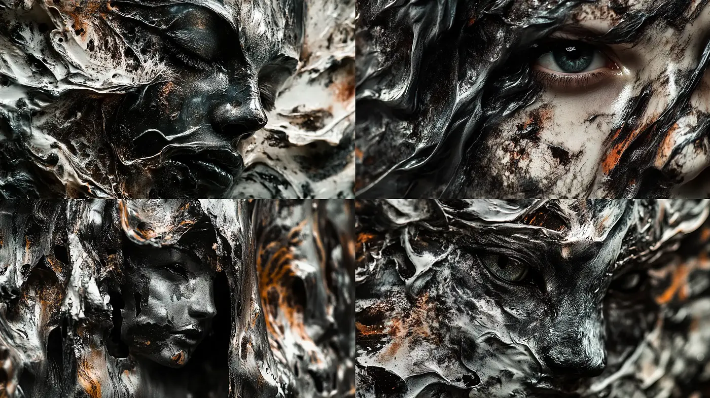 Abstract Eroded Textures Synthesizing Human Form - Midjourney sref style