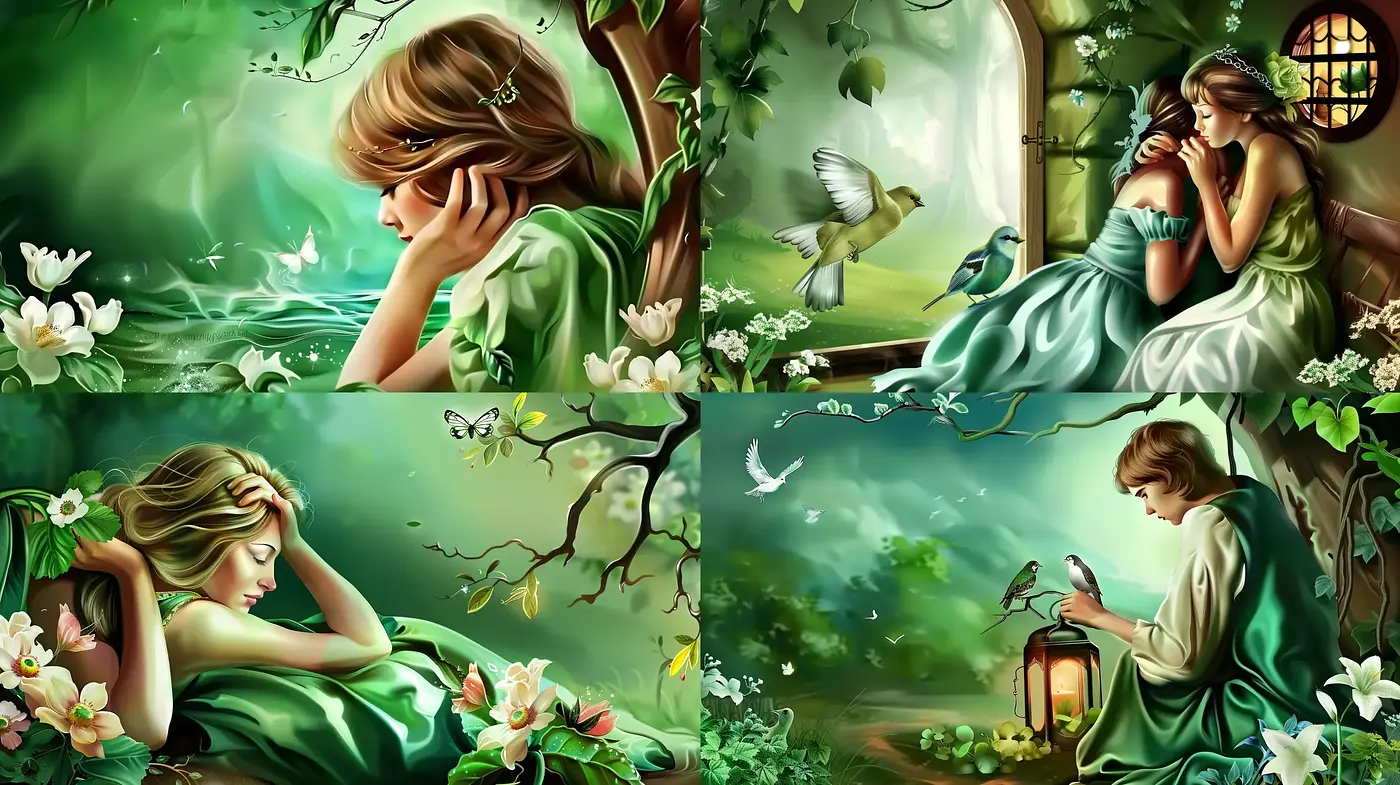 Enchanted Springtime Serenity: A Lush and Vivid Tableau of Dreamy Pastoral Elegance - Midjourney sref style