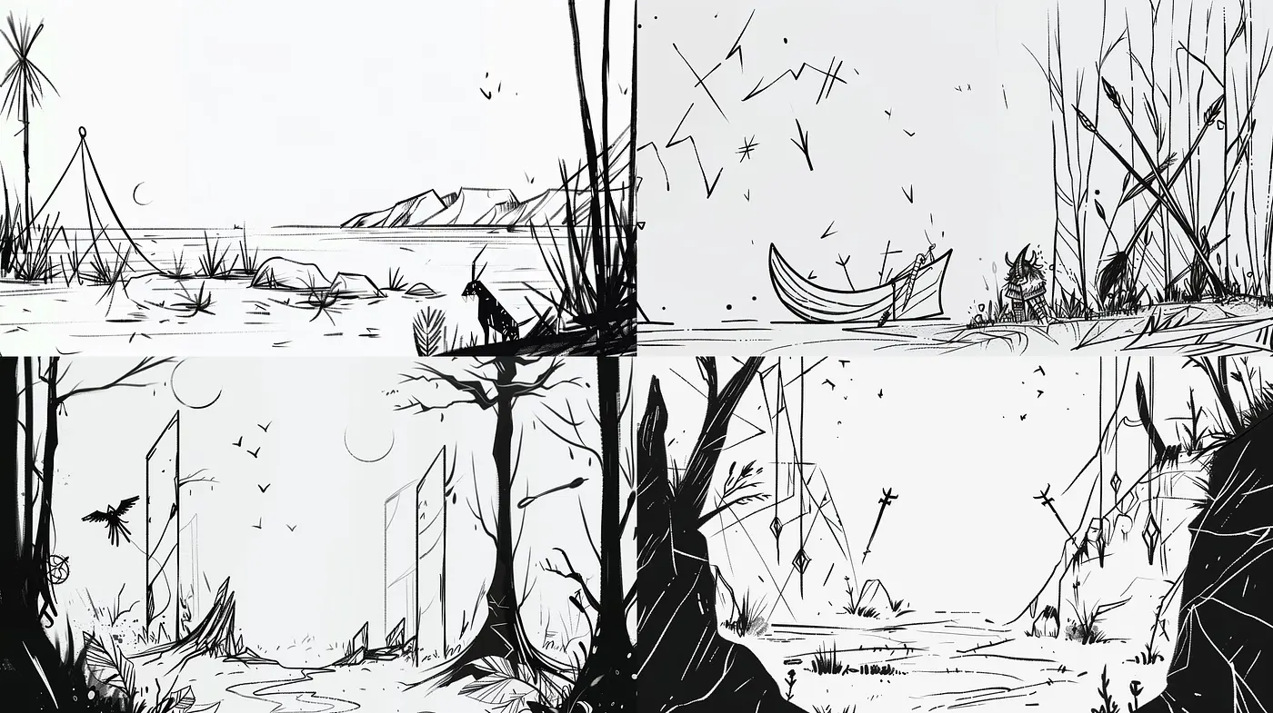 Monochrome Sketchbook Fantasia: Homage to Classic Storyboard Aesthetics - Midjourney sref style