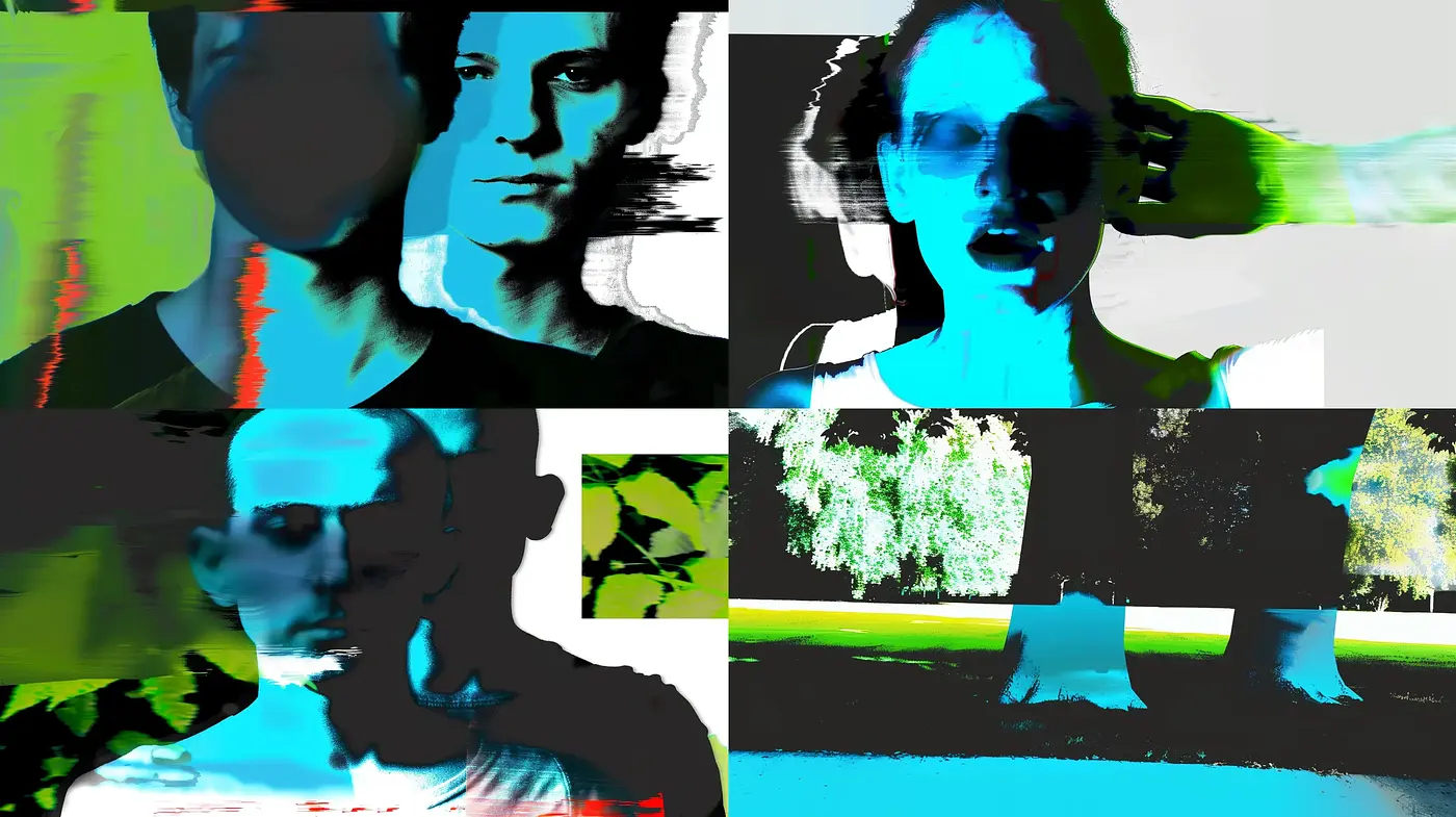 Digital Glitch Portraiture with Bold Cyan and Lime Tones - Midjourney sref style