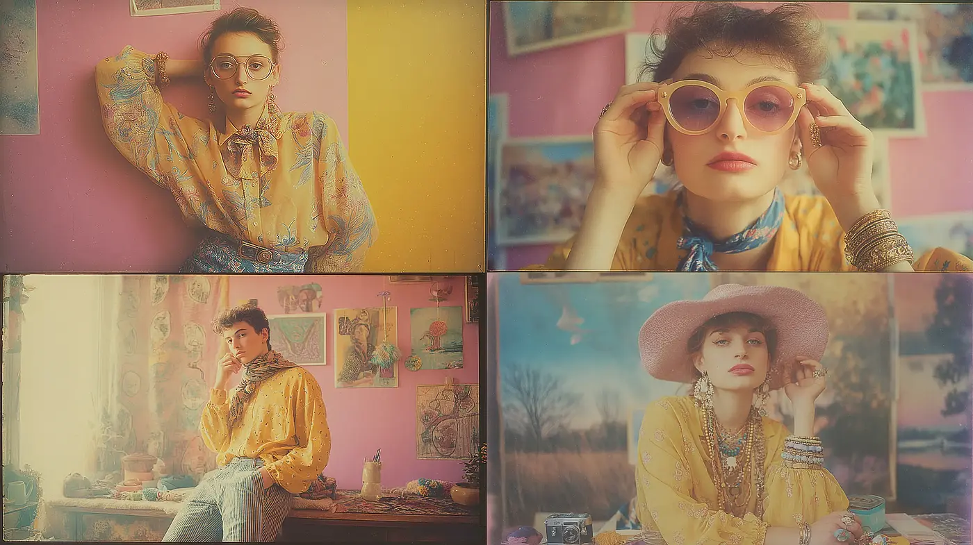 Eclectic, vintage-inspired aesthetic blending pastel tones with bohemian charm - Midjourney sref style