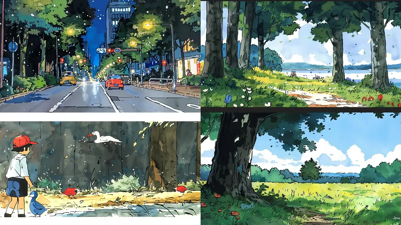 Cel-Shaded Serenity: a Tranquil Harmony of Nature and Urban Landscapes - Midjourney sref style