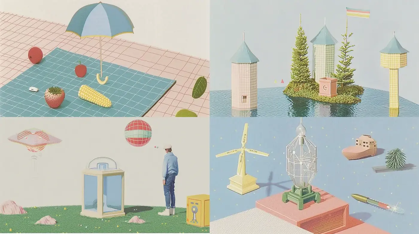 Whimsical Surrealism with a Playful Retro Vibe - Midjourney sref style