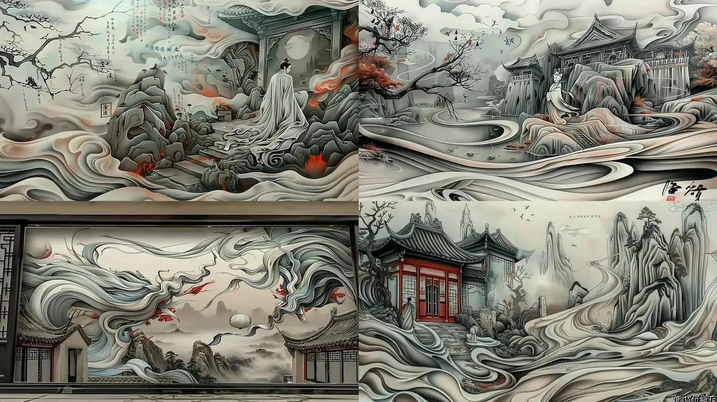 Serene Mystical Landscapes with Fluid Brushwork and Ethereal Elements - Midjourney sref style