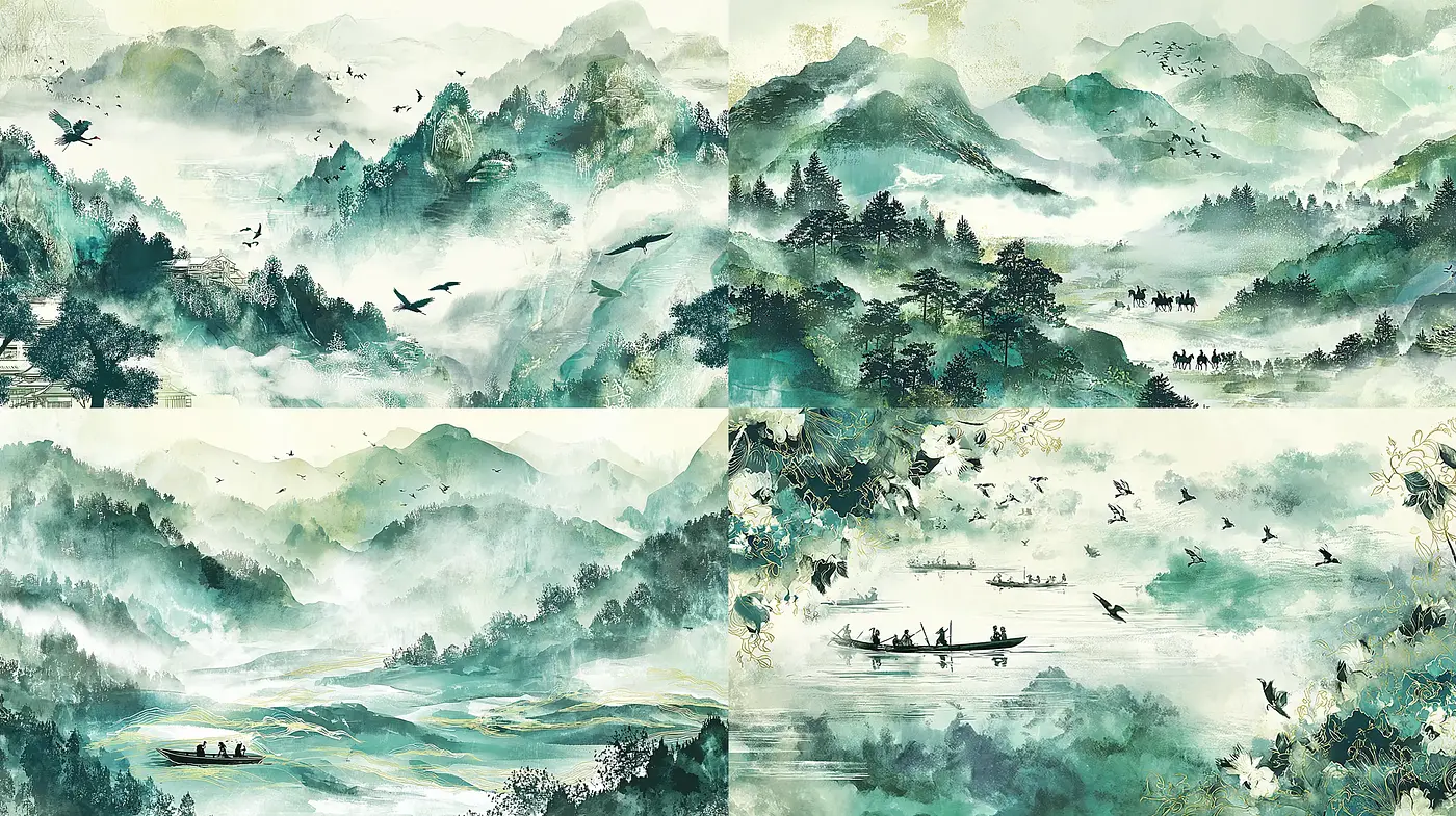 Serene Waterscapes Reflecting Tranquility in Lush, Ethereal Landscapes - Midjourney sref style