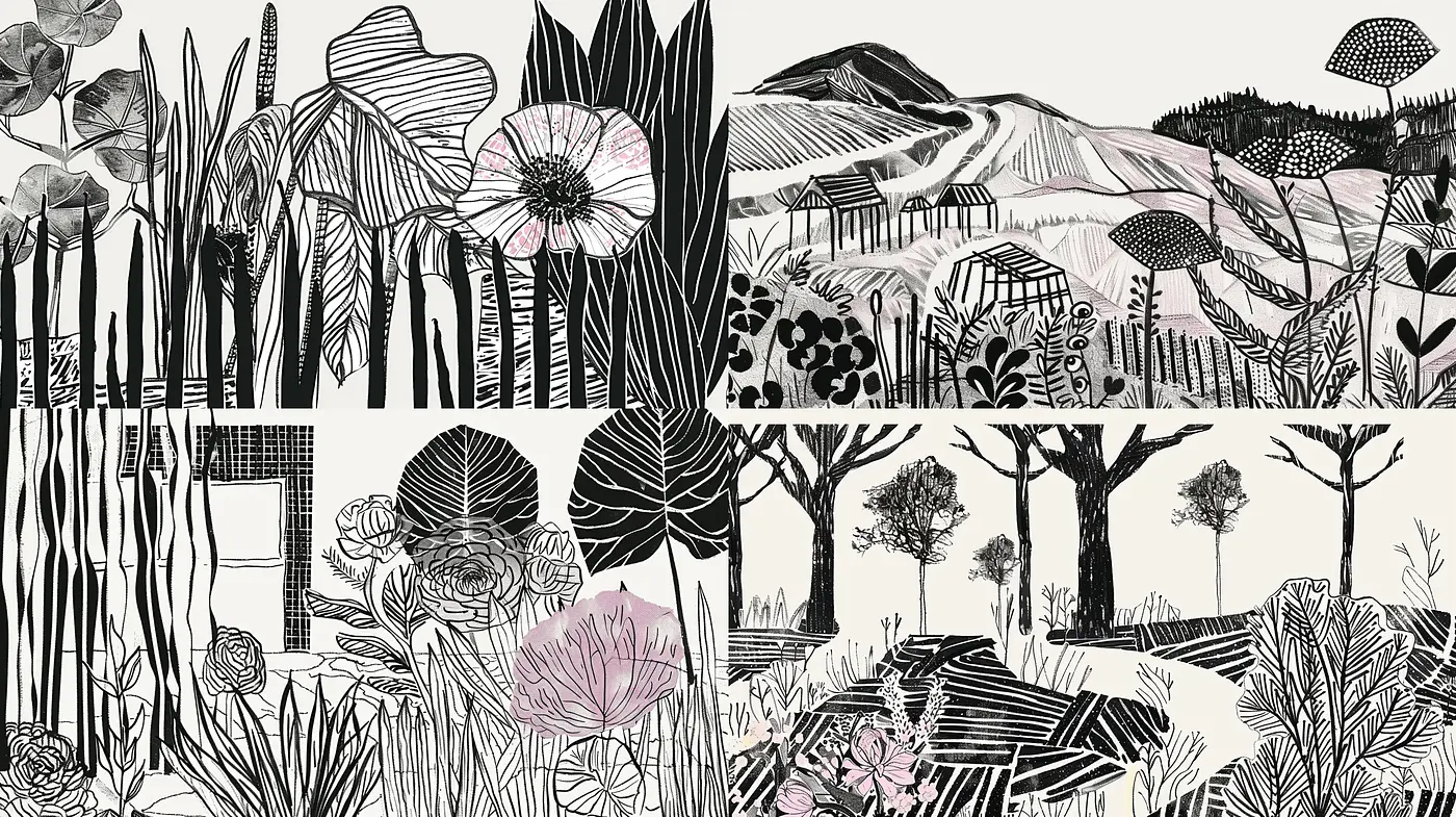 Monochromatic Botanical Dreamscape with Textured Patterns - Midjourney sref style