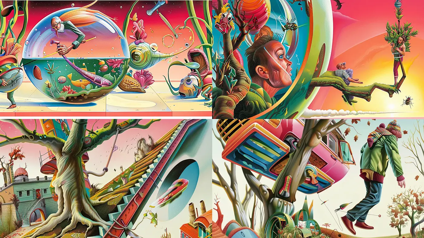 Psychedelic Dreamscape: A Fusion of Surrealism and Vibrant Cartoon Illustration - Midjourney sref style