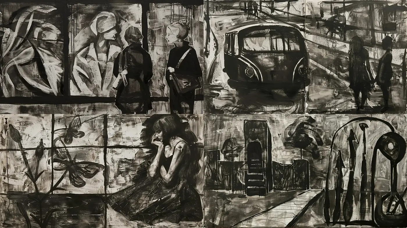 Monochrome Montage: Intricacies of Human Stories in Greyscale Brushwork - Midjourney sref style