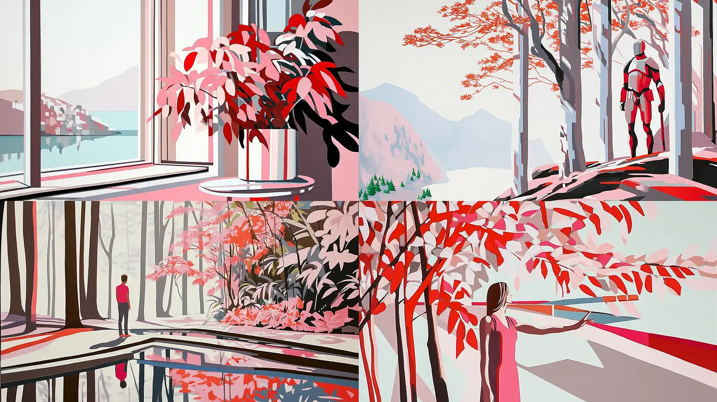 Serene Autumnal Reflections in Stylized Geometric Nature Scenes - Midjourney sref style