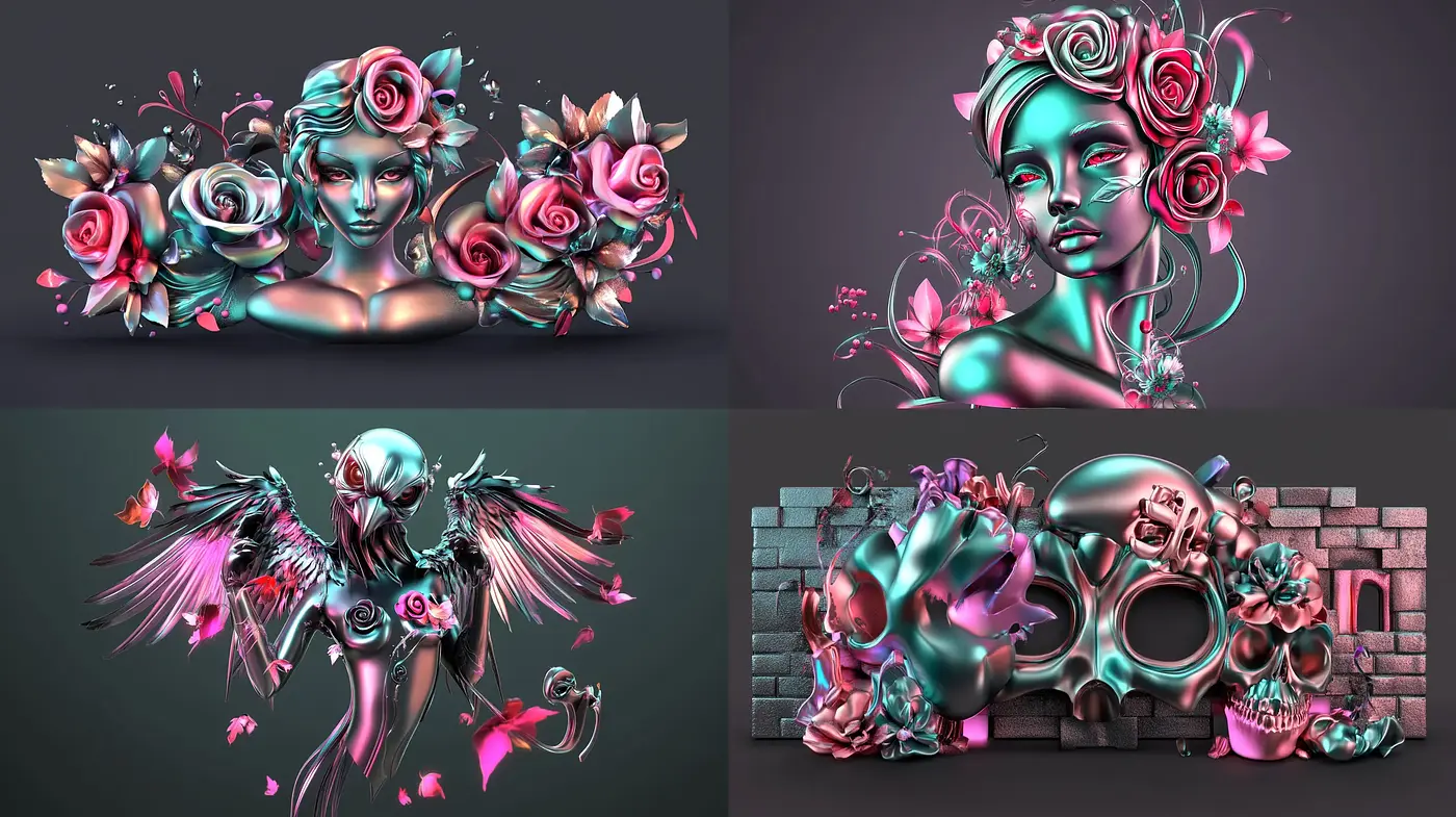 Ethereal Metallic Fusion with Vibrant Floral Accents - Midjourney sref style