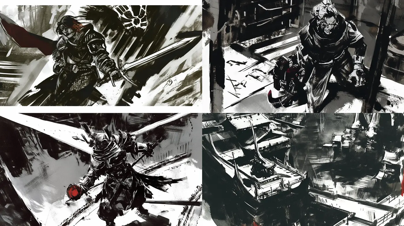Monochromatic Dynamism with Expressive Brushwork - Midjourney sref style