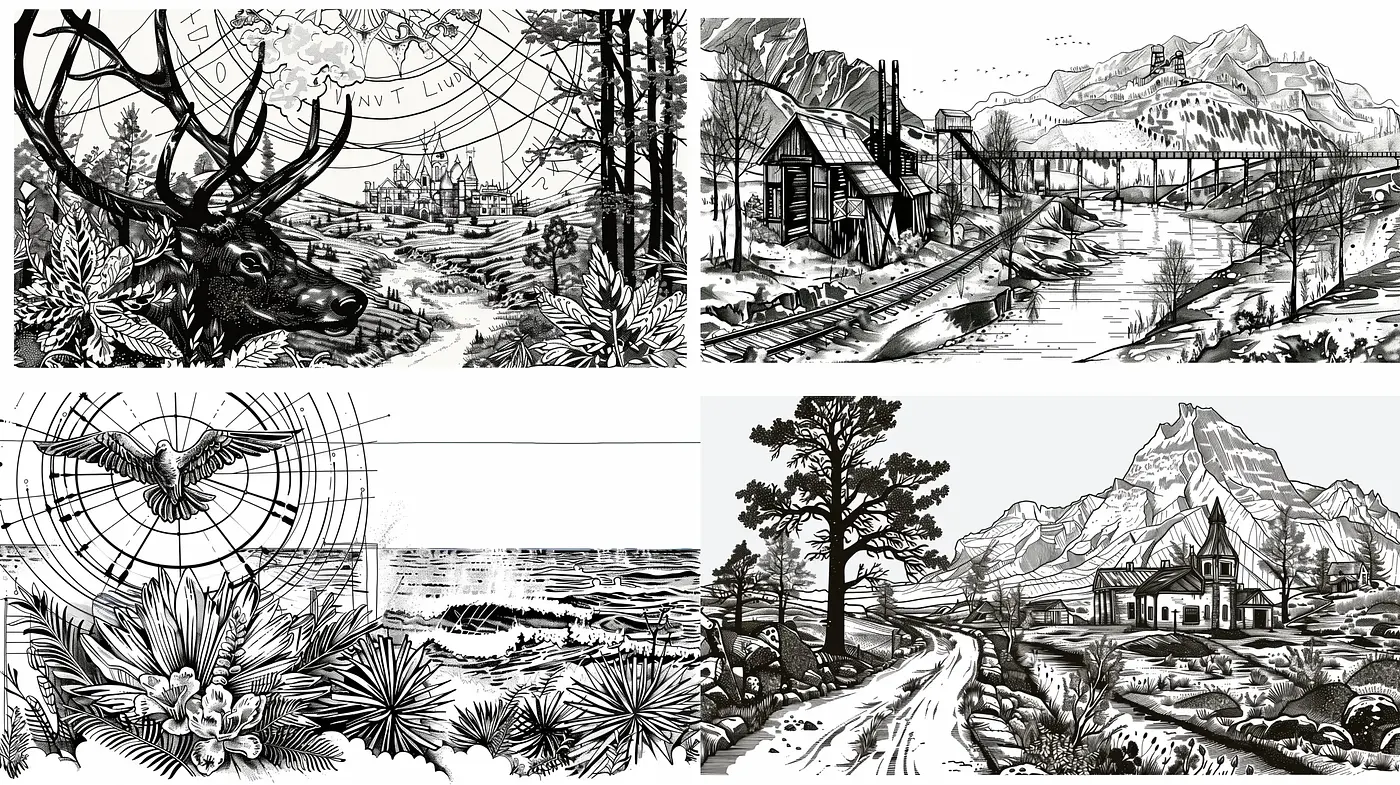Monochromatic Wilderness in Engraving Approach - Midjourney sref style