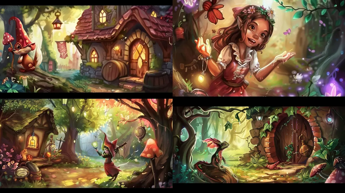 Enchanted Forest Whimsy in Warm Hues: A Consistent Artistic Vision of a Magical Realm - Midjourney sref style