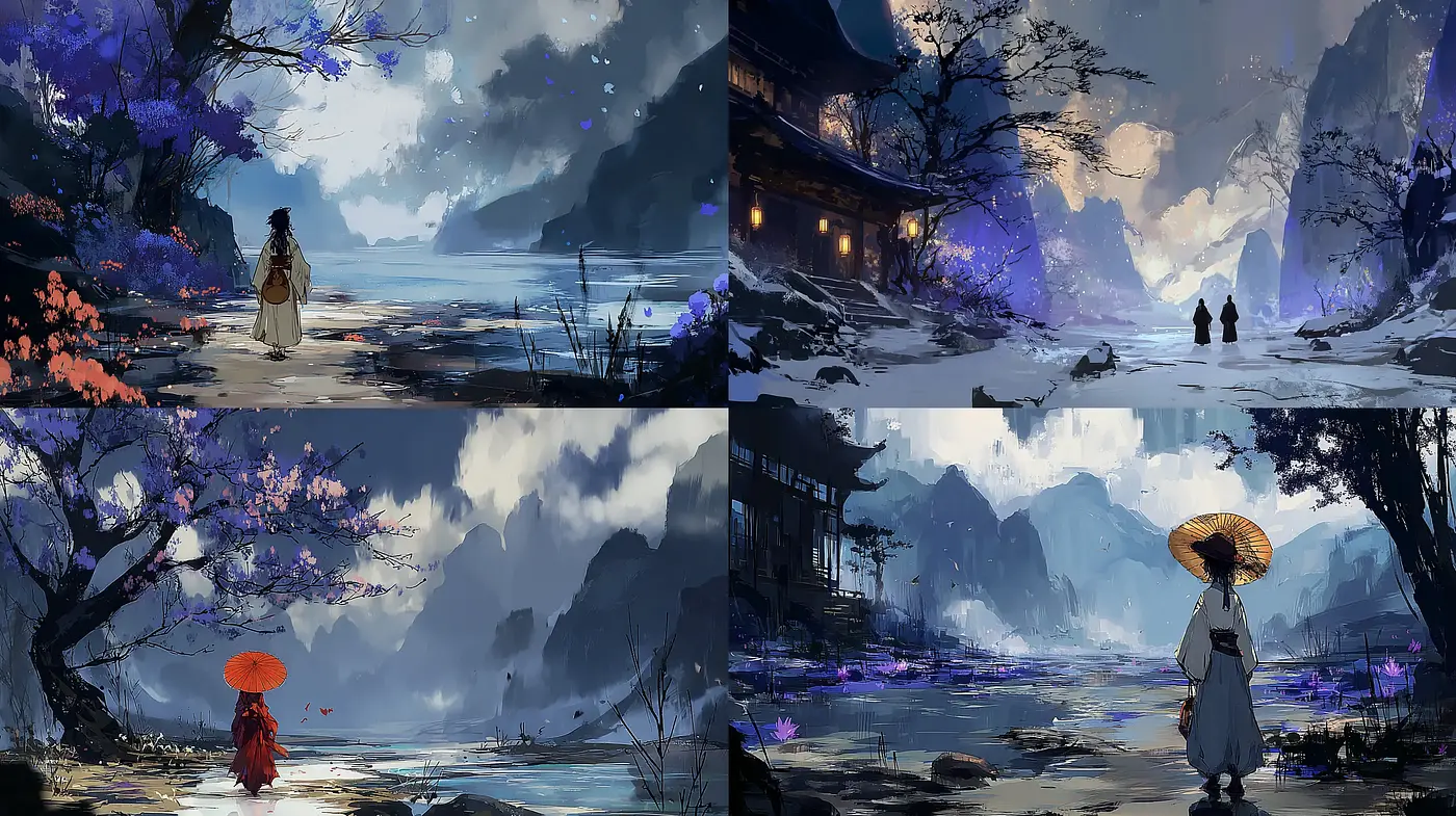 Serene Landscapes with Ethereal Quality Reflecting Eastern Aesthetics - Midjourney sref style