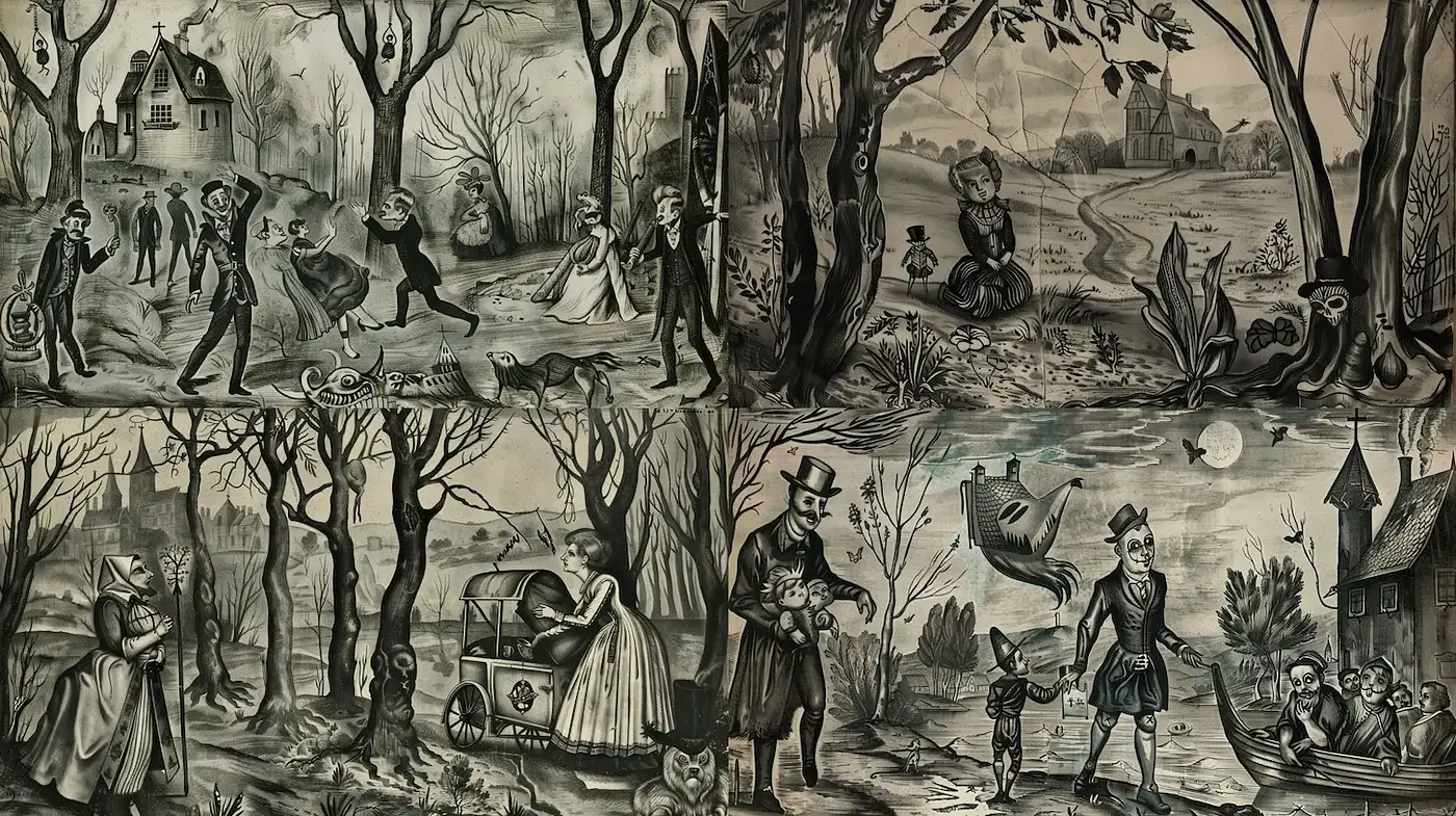 Moody Surrealism with a Touch of Gothic Whimsy and Dark Humor - Midjourney sref style