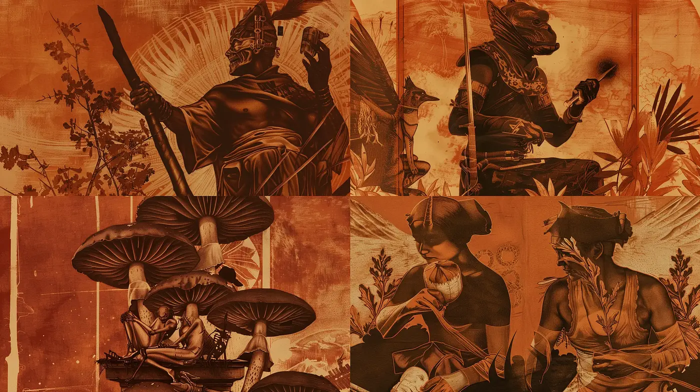Sepia-Toned Samurai Tableau with Organic Textural Elements - Midjourney sref style