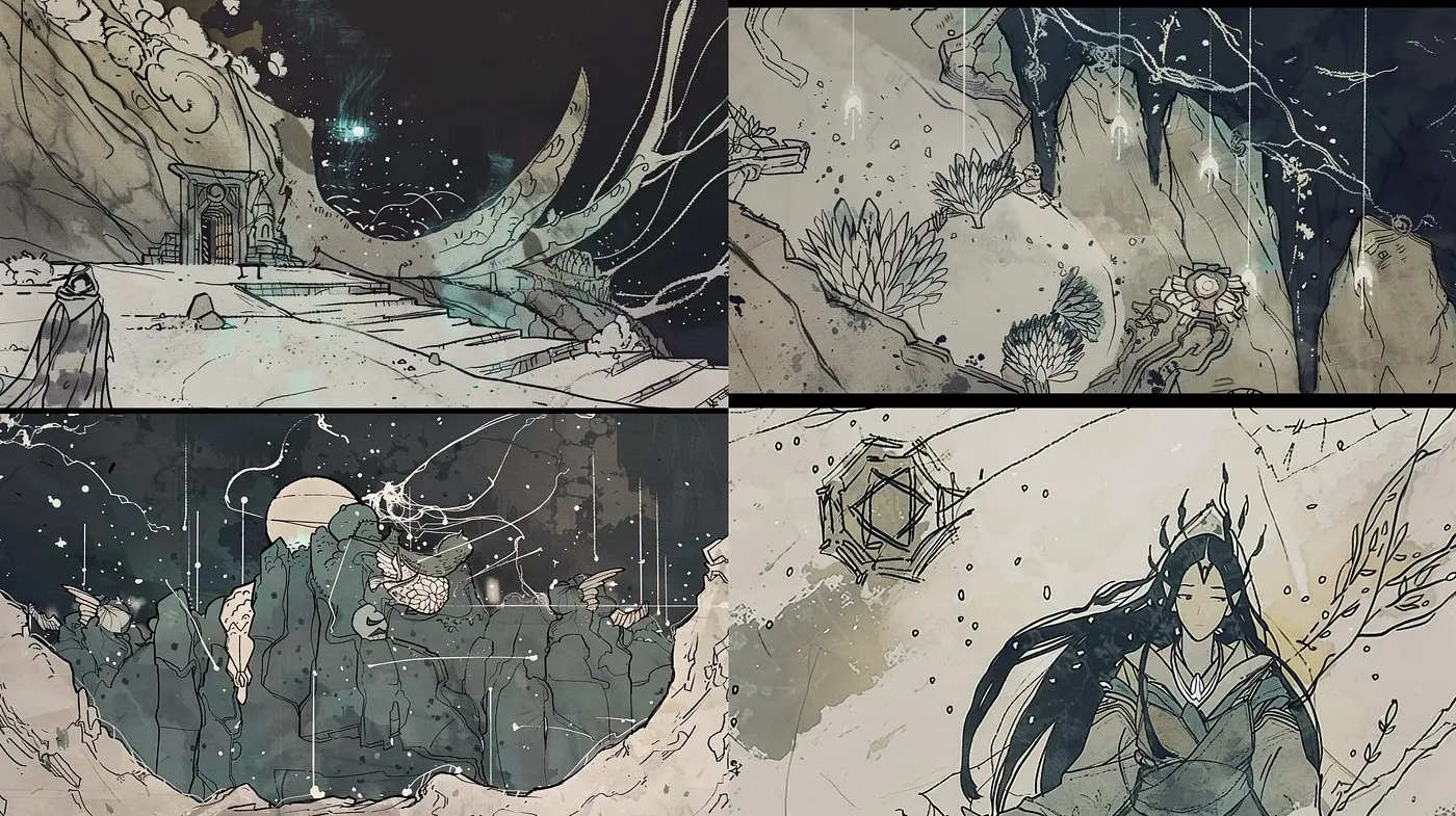 Ethereal Ink-Washed Visions in Monochromatic Hues - Midjourney sref style