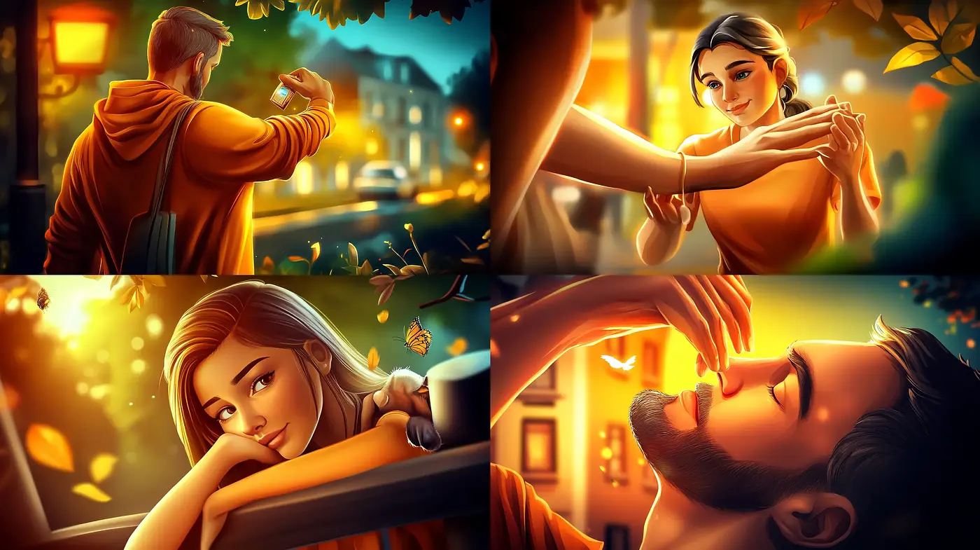 Warm Golden Hour Embrace: A Lush and Vibrant Illustrated Series - Midjourney sref style