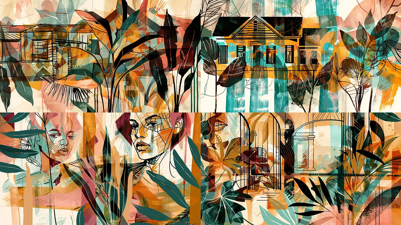 Retro Fusion of Botanical and Geometric Forms in Earthy Tones - Midjourney sref style