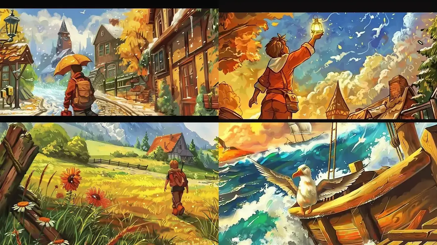 Whimsical Landscapes with Warm Tones and Playful Characters - Midjourney sref style