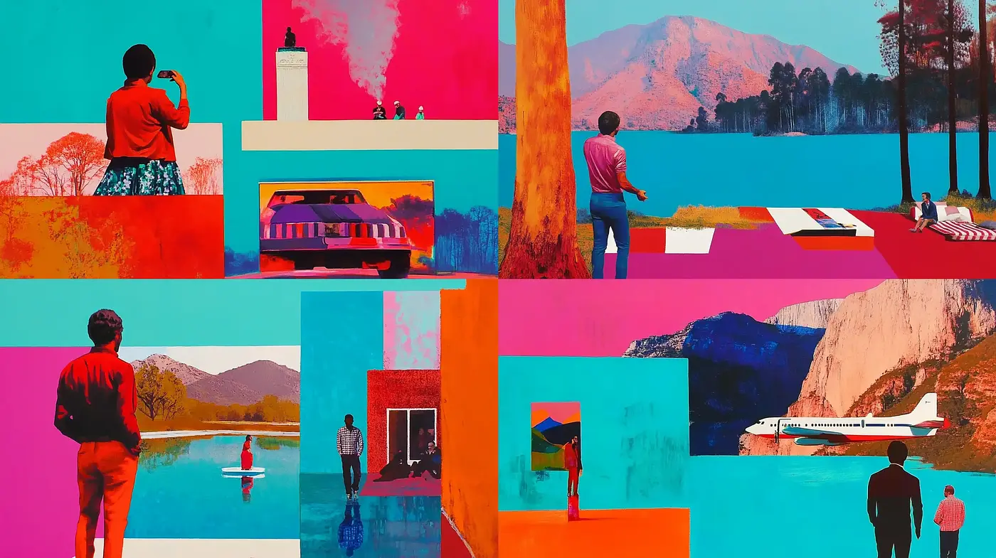 Vibrant Contrasts and Surrealist Landscapes: A Homage to Color Theory and Contemplative Moods - Midjourney sref style