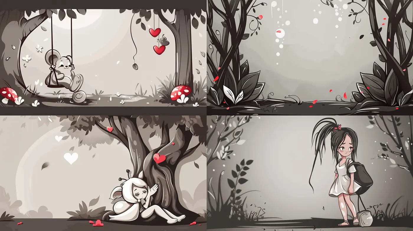 Stylized Monochrome Fantasia with Crimson Accents - Midjourney sref style