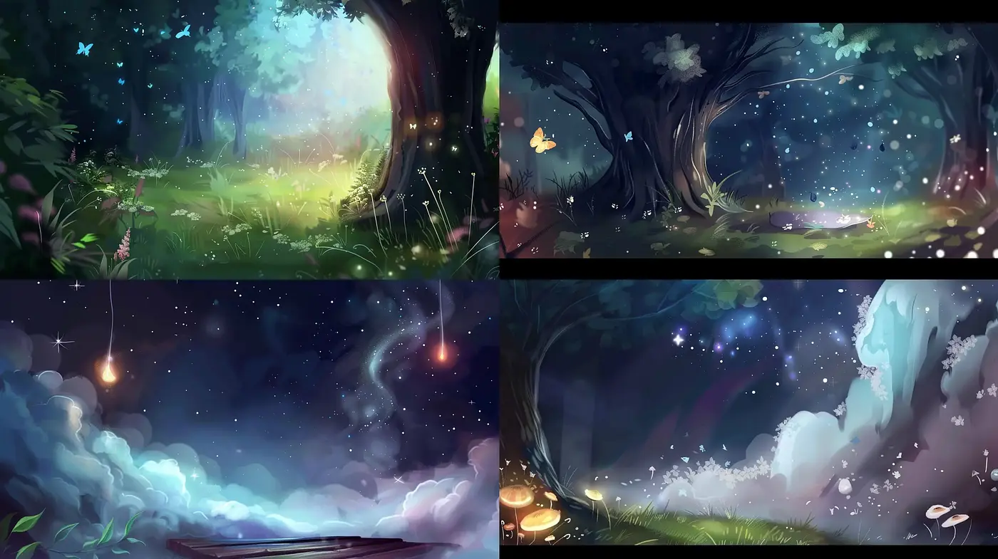 Whimsical Twilight Dreamscape: A Cohesive Fusion of Enigmatic Lights and Ethereal Forest Vistas - Midjourney sref style