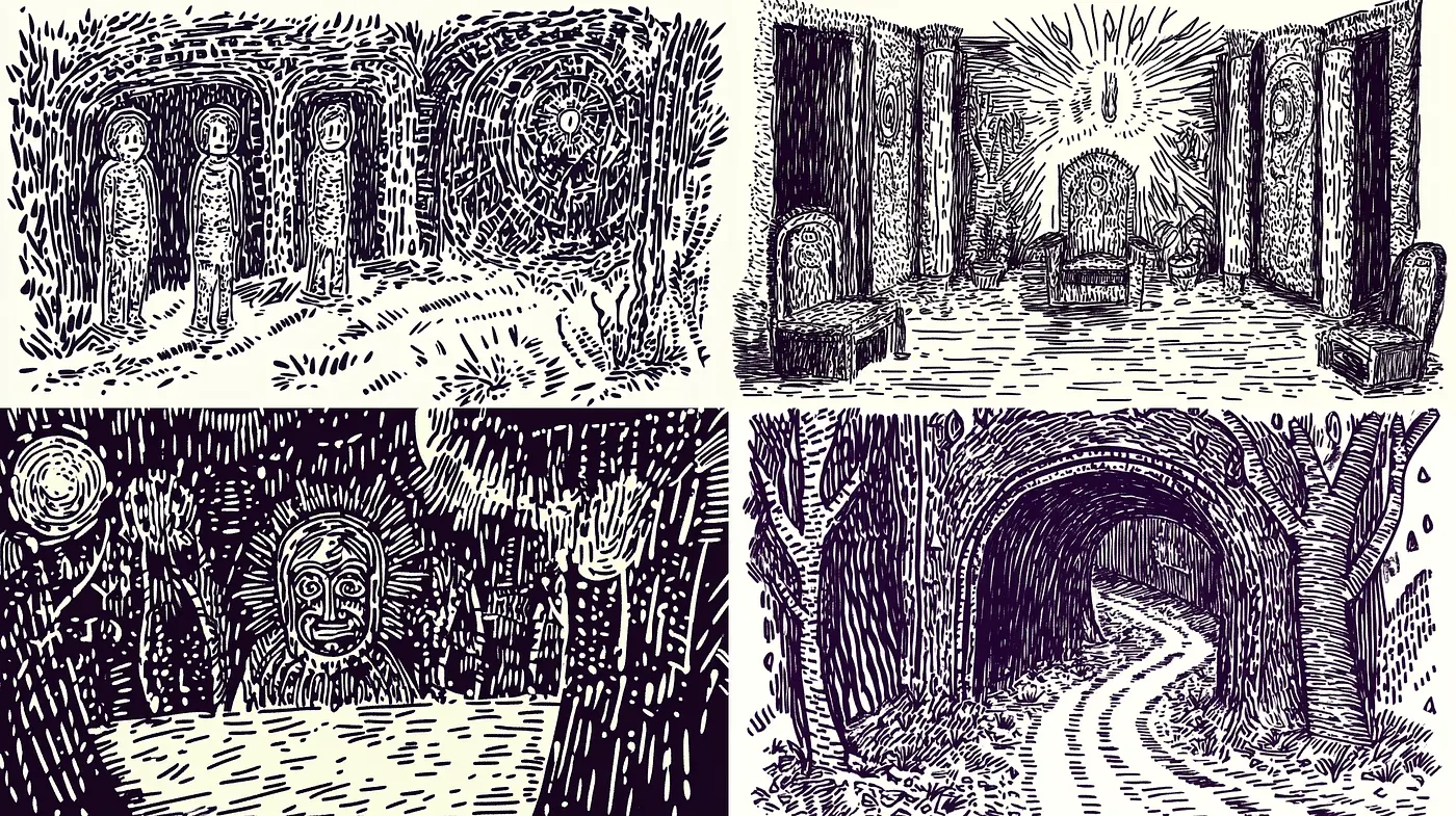 Intricately Textured Monochrome Engraving Style Illustrations - Midjourney sref style