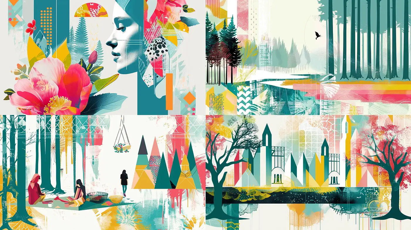 Contemporary Graphic Montage of Natural and Geometric Elements - Midjourney sref style