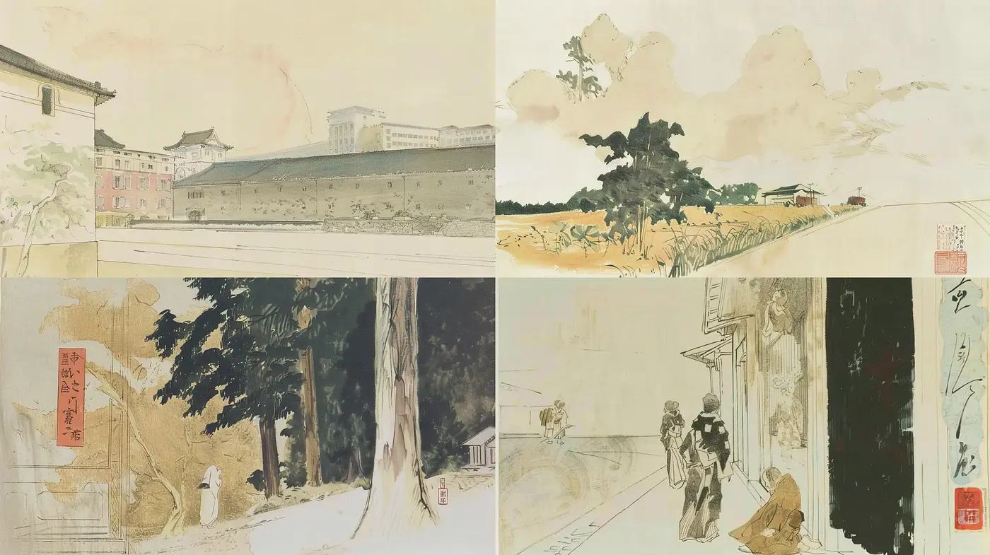 Tranquil Asian-Inspired Ink Wash Illustrations - Midjourney sref style