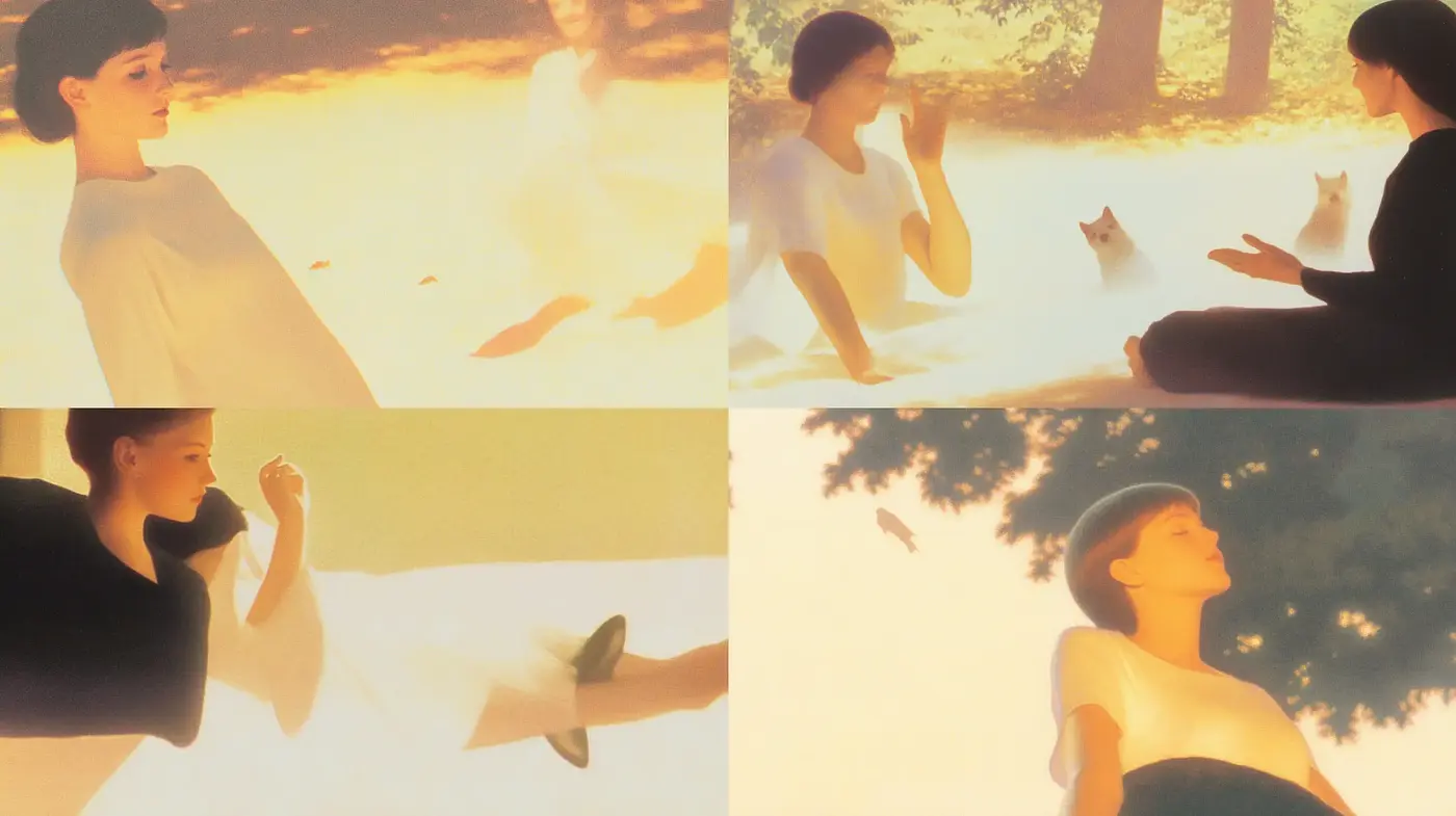 Ethereal Serenity in Golden Hues: A Harmonious Blend of Contemporary Dreamscape and Retro Elegance - Midjourney sref style