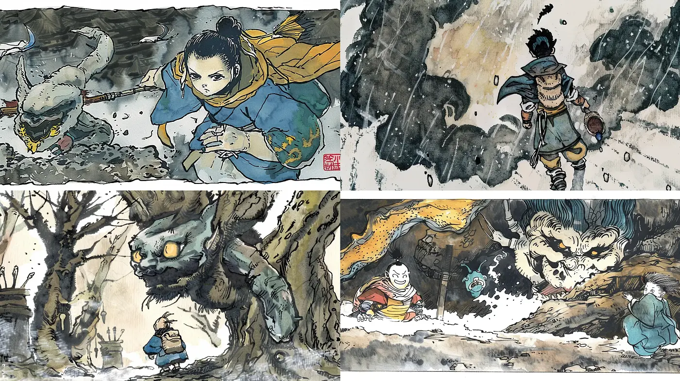 Ink-Washed Fantasia: A Fusion of Traditional East Asian Artistry and Mythical Storytelling - Midjourney sref style