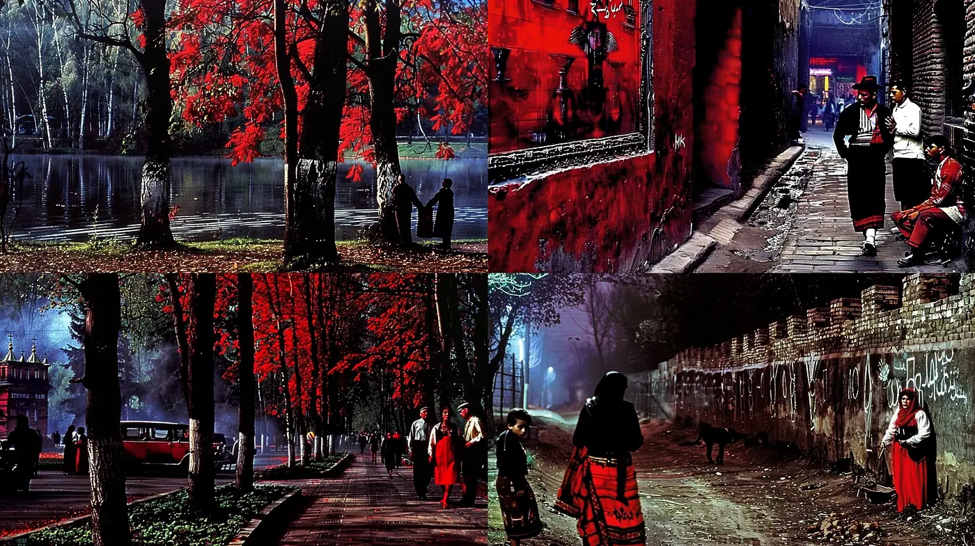Stylized Cinematic Narrative with Mood-Intensive Hues and Textured Environments - Midjourney sref style