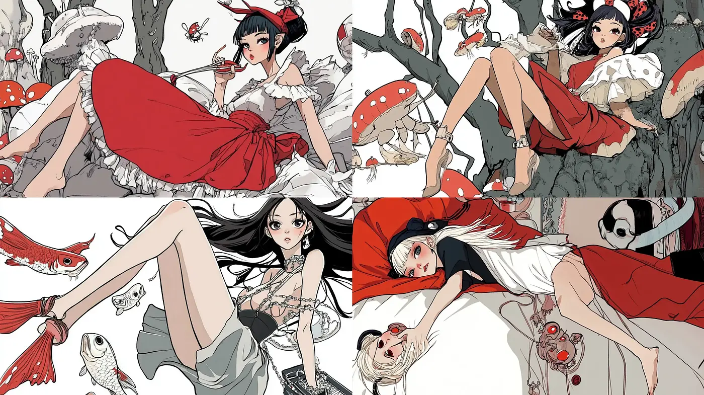 Ethereal Anime Dreamscape with Red Accentuations - Midjourney sref style