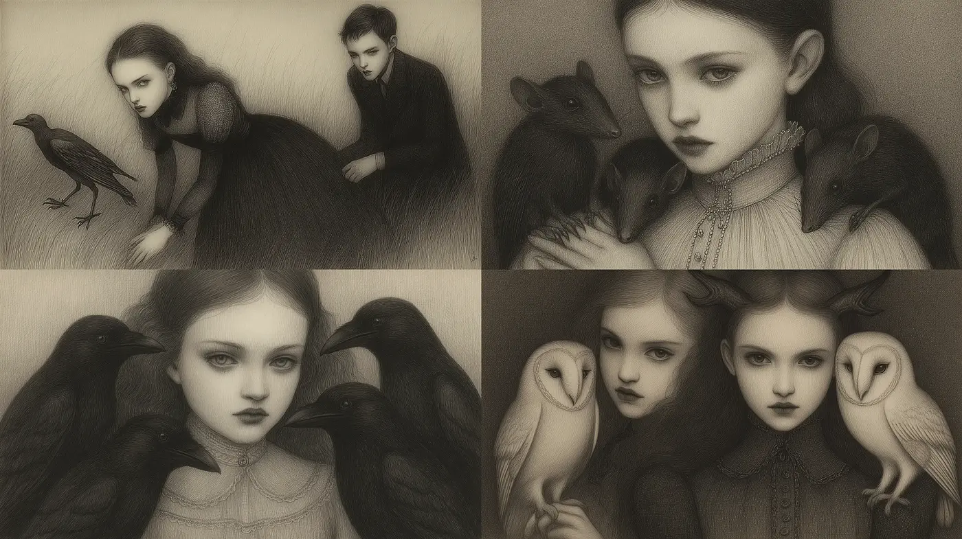 Darkly Enigmatic Surreal Portraits with Animal Companions - Midjourney sref style