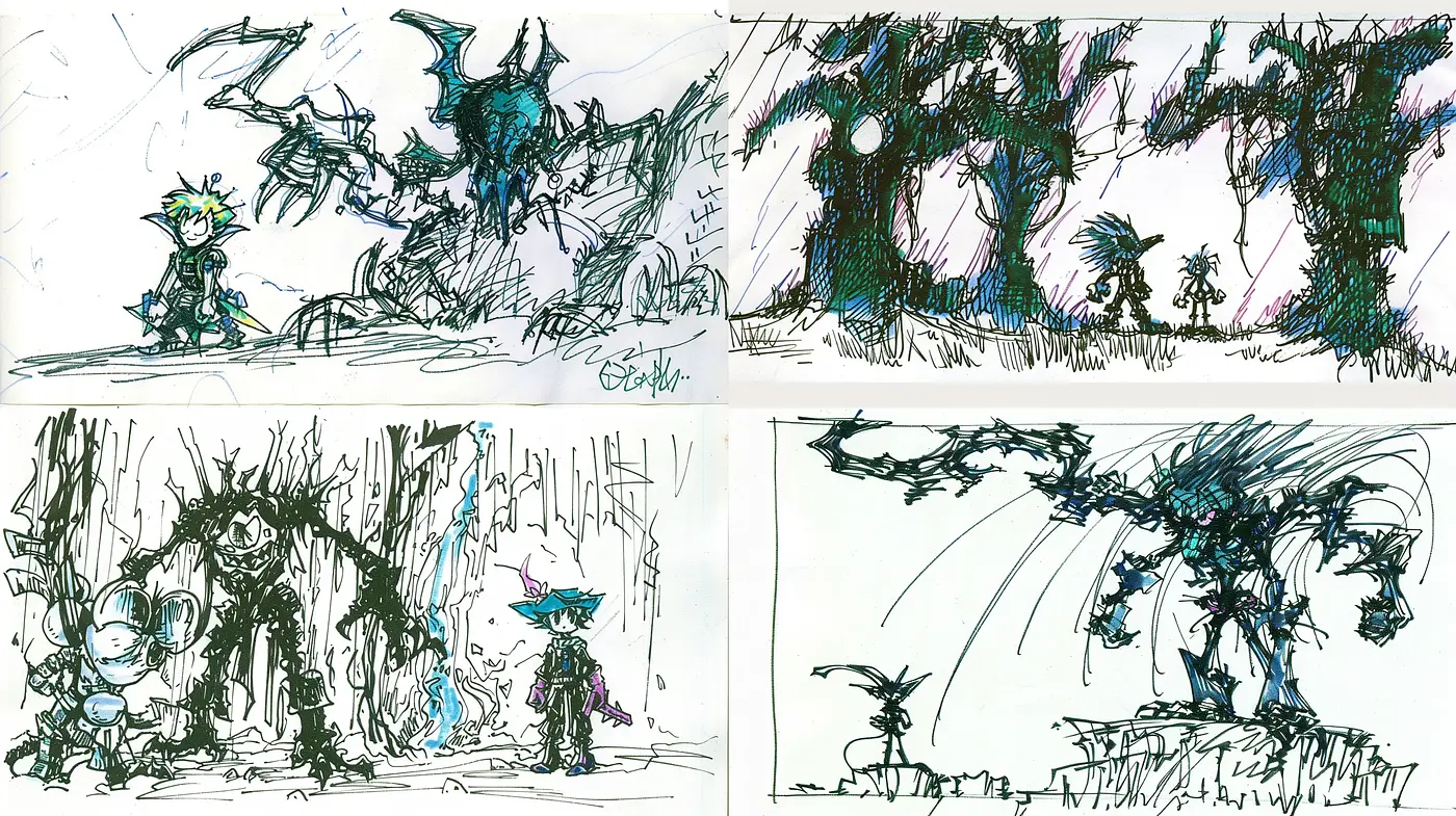 Energetic Sketch-style Fantasy Illustrations with Contrasting Blue-Green Hues - Midjourney sref style