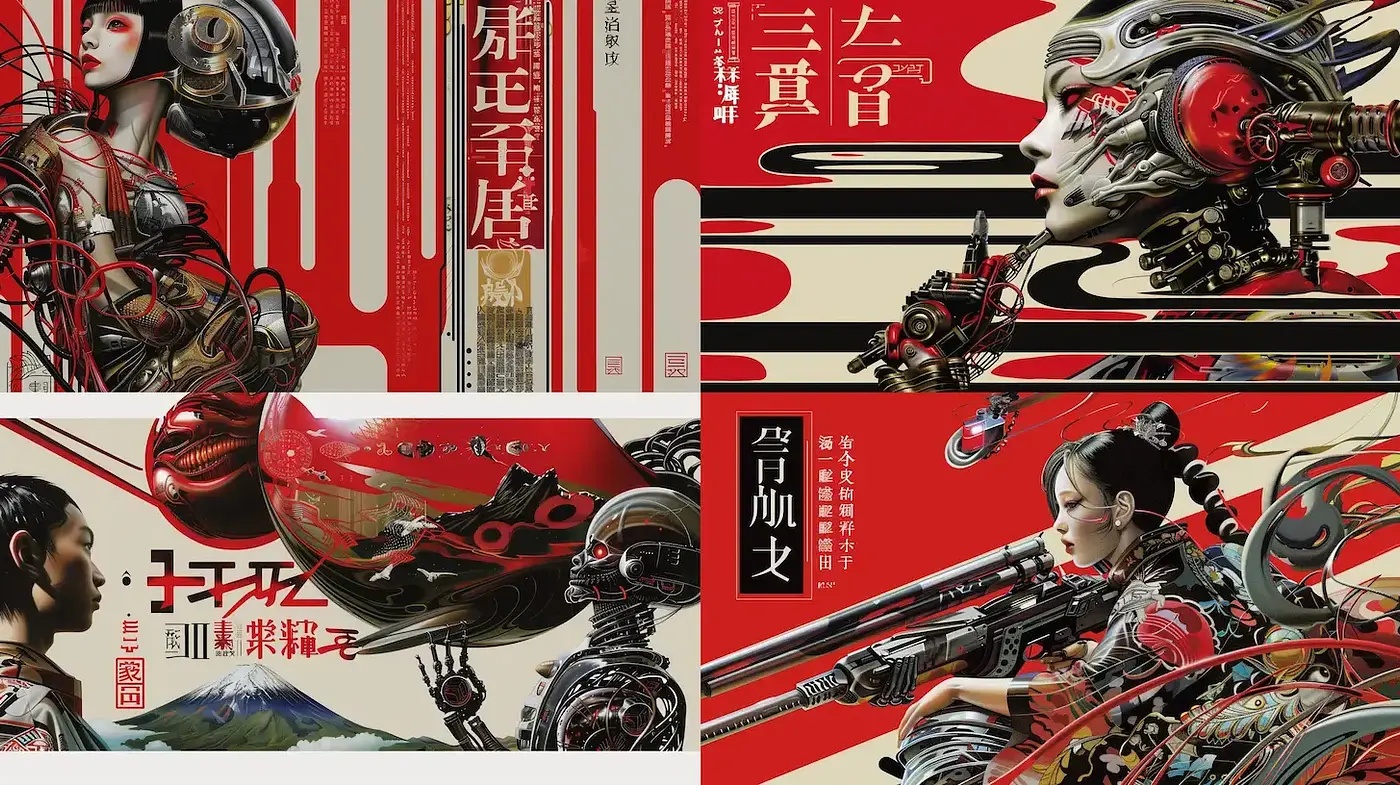Futuristic and stylized illustrations with a blend of traditional and modern aesthetics - Midjourney sref style