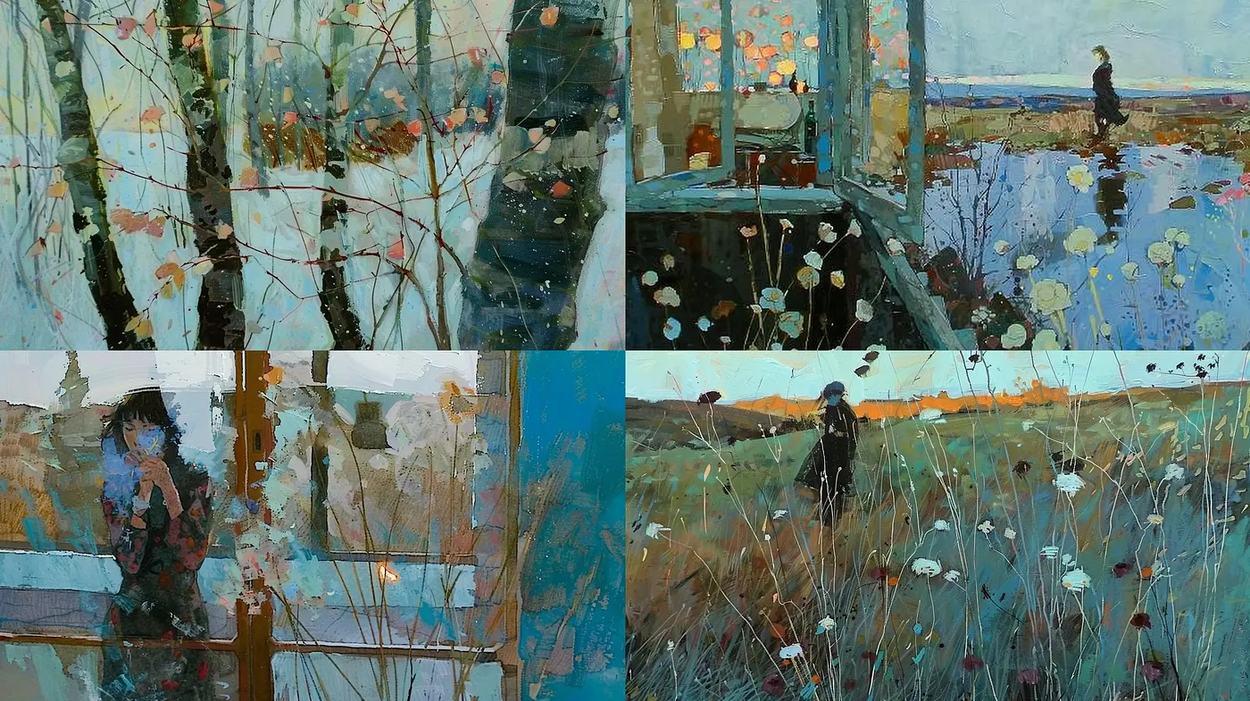 Ethereal Impressions of a Distant Memory: A Consistent Palette and Brushwork Across Evocative Landscapes - Midjourney sref style