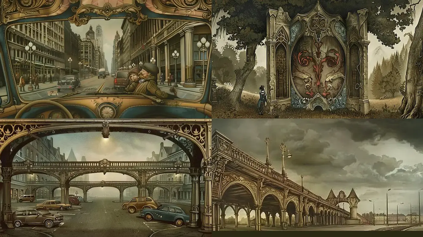 Artistic Fusion of Vintage Urban Landscapes with a Whimsical Touch - Midjourney sref style