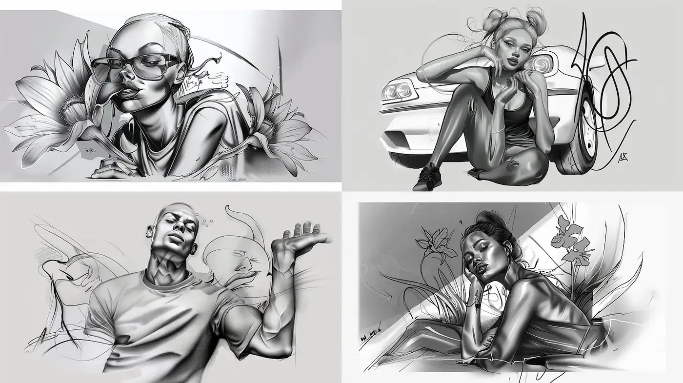 Dynamic Expression and Monochromatic Elegance in Contemporary Illustrative Art - Midjourney sref style