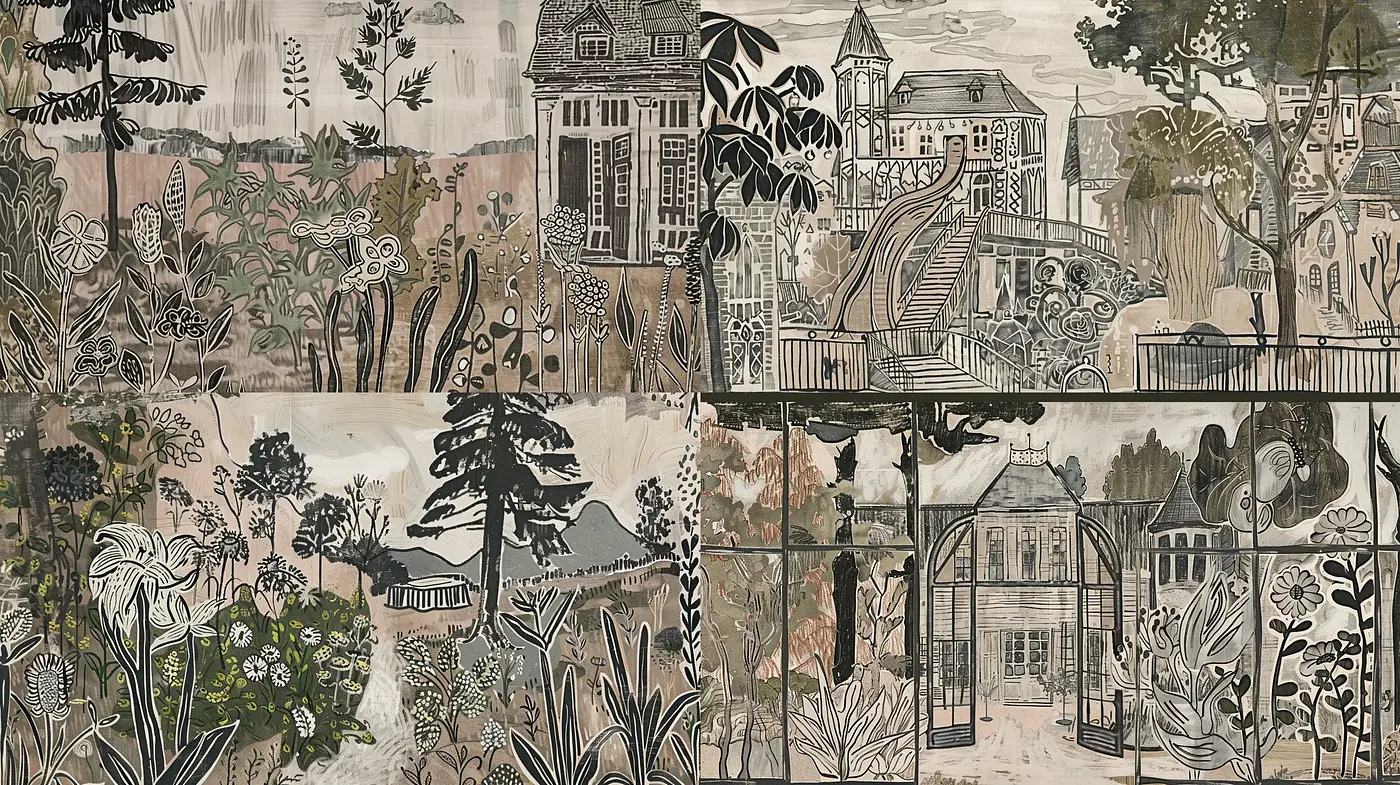 Monochromatic Botanical Urban Tapestry - Midjourney sref style