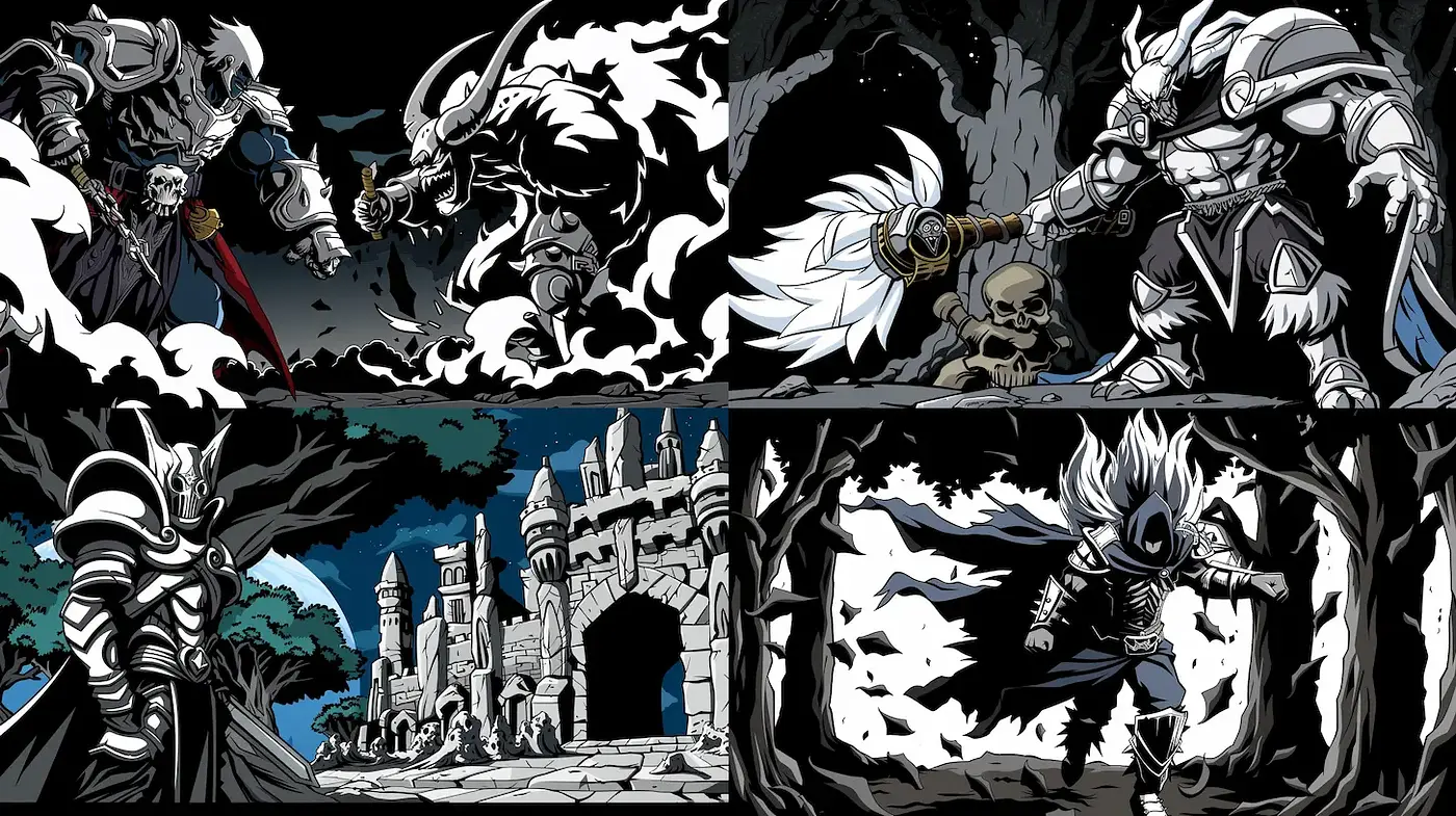Dynamic and Theatrical Graphic Novel Art Style with Dark Fantasy Elements - Midjourney sref style
